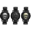 JewelryWe Orologio da uomo con teschio, in pelle, per Halloween, set da 2 pezzi, analogico, al quarzo, Steampunk, teschio, nero, in pelle intrecciata, set di gioielli per uomo e uomo, Acciaio