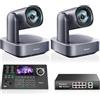 Tenveo Kit Telecamera PTZ e Controller - 2 Telecamere PTZ 4K con Auto-Tracking AI 12X, HDMI/USB3.0/LAN(PoE) e Controller Joystick NDI con Screen da 5 Pollici + Switch PoE per Live Streaming
