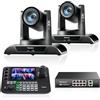 Tenveo Kit Telecamera PTZ e Controller - 2 Telecamere NDI Zoom Ottico 20X e AI Tracking (LAN/HDMI/USB3.0), Controller Joystick NDI con Schermo Quadruplo da 7 e Switch di Rete PoE Gigabit a 8 Porte