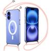 Pnakqil Magnetico Cover per iPhone 16 Plus con Cordino, Compatibile con MagSafe, Trasparente Silicone Custodia con Collana per iPhone 16 Plus, Tracolla Catena -Rosa