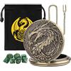 Keller & Weber Set di Dadi Mini DND, con Steampunk Drago Grande Cassa Orologio da Tasca, 7 pezzi in Acrilico Poliedrico D&D, Sacchetto Regalo DND con Logo Drago, MTG, Accessorio per Gioco di Ruolo, Bronze + Verde