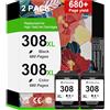 CRTBOTW Cartuccia a colori 308XL 308, compatibile con stampanti HP 308e, compatibile con HP Envy 6110e, 6120e, 6122e, 6130, 6132e, 6532e (2 nero)
