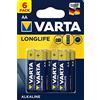 Varta 4106101436 Longlife Batteria Alcalina, Stilo AA LR06, Confezione da 6 Pile