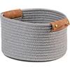 H&H Cesto in Cotone Grigio con Manici in Ecopelle Tondo 30x18hcm