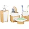 Relaxdays Set Accessori Bagno 4 Utensili, Dispenser, Porta-Sapone, Porta-Spazzolino, Bambù, Ceramica, Marrone e Bianco