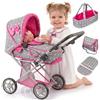 Kinderplay Passeggino per Bambole 3-in-1 - Manico Regolabile 36,5-64 cm - Carrozzina Giocattolo con Borsa - Ruote in Schiuma Silenziose - Per Bambole fino a 40 cm