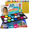 Blue Squid Kit di pittura per il viso e pastelli per il corpo, kit per la pittura del viso a 18 colori per bambini e 18 pastelli e pennarelli XL per la pelle con 18 stencil, pennelli e libro di