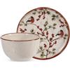 H&H Set 2 Tazze da Tè/Cappuccino con Piattino 200 ml Red Delight - Stoneware con Bacche Rosse e Pettirossi, Ideale per le Feste e l'Inverno