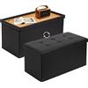 Todeco Pouf Contenitore Rettangolare con 2 in 1 Coperchio, Cassapanca Contenitore 80L, Ottomana Pieghevole per Conservare, Finta Pelle, Seduta Imbottita, 76 x 38 x 38 cm, Nero