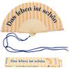 Fisura - Ventaglio in legno con messaggio "Das leben ist schon". Ventaglio a mano moderno giallo a righe con laccetto. Accessorio estivo colorato, idea regalo originale, dimensioni 42,5 x 23 cm