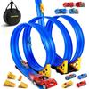 Charmofun Pista Macchinine Flessibile 5M, Giocattolo Piste da Corsa con 4 Auto, Borsa Stoccaggio, Circuito di Corse per Bambini con Rampa e Catapult, Portatile Pista per Bambini 3+ Anni (Blu)