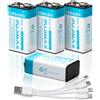 MXJFYY 1200mAh 4 batterie ricaricabili da 9 V con cavo di ricarica 4 in 1, compatibili con rilevatori di fumo, microfoni wireless e rilevatori di fumo, torce elettriche - Batteria per 6F22 PP3 MN1604