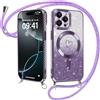 ZhuoFan Magnetica Custodia per iPhone 15 Pro 6,1 con Cordino, Glitter Sfumato Case Compatibile con MagSafe Trasparente Aesthetic Motivo Cuore Disegni Cover Fotocamera Protezione con Collana, Viola