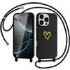Jrkvniv Cover per iPhone 16 Pro con Collana, Morbida Silicone Cuore amore Custodia con Cordino, con Regolabile Staccabile Laccio Case Antiurto per iPhone 16 Pro, Nero