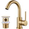 Rainysprit - Rubinetto miscelatore per lavabo con scarico pop-up, girevole a 360°, in acciaio inossidabile, raccordi standard UK G1/2, controllo dell'acqua calda e fredda, oro