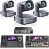 Tenveo Kit Telecamera PTZ e Controller - 3 Telecamere PTZ 4K con Auto-Tracking AI 12X, HDMI/USB3.0/LAN(PoE) e Controller Joystick NDI con Screen da 5 Pollici + Mixer Video + Switch PoE