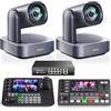 Tenveo Kit Telecamera PTZ e Controller - 2 Telecamere PTZ 4K con Auto-Tracking AI 12X, HDMI/USB3.0/LAN(PoE) e Controller Joystick NDI con Quad-Screen da 7 Pollici + Mixer Video + Switch PoE