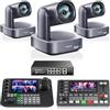 Tenveo Kit Telecamera PTZ e Controller - 3 Telecamere PTZ NDI 4K con Auto-Tracking AI 12X, HDMI/USB3.0/LAN(PoE) e Controller Joystick NDI con Quad-Screen da 7 Pollici + Mixer Video + Switch PoE