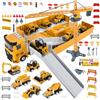 FORMIZON Camion Giocattolo per Bambini, Veicoli da Cantiere con Musica e Luci, 6 Mini Veicoli, Gru Giocattolo Gialla