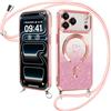 ZhuoFan Magnetica Custodia per iPhone 17 Pro Max 6,9 con Cordino, Glitter Sfumato Case Compatibile con MagSafe Trasparente Aesthetic Motivo Cuore Disegni Cover Fotocamera Protezione Collana,Rosa