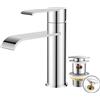 FORIOUS Rubinetto Bagno Lavabo con Piletta, Miscelatore Monocomando, Rubinetto a Cascata con Altezza Beccuccio 98MM, Design Moderno，Cromo