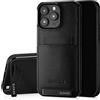 SURAZO Custodia posteriore in vera pelle per Apple iPhone 15 Pro Max - Custodia antiurto in pelle con scomparto per carte di credito, funzione di supporto, portachiavi vintage Slim Bumper (Costa Nero)