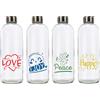 BrandPrint Set di 4 Bottiglie in Vetro Modello EOS, 1 Litro, Kit Happiness Good Vibes - Serigrafia Love Joy Peace Happy, Tappo a Vite in Acciaio Inox | Bottiglia Vetro Acqua Bevande Idea Regalo