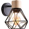 iDEGU Lampada da Parete Vintage 16CM Applique da Parete in Legno Metallo Design Gabbia Industriale E27 Illuminazione Interni Lampada a Muro per Corridoio Soggiorno Camera da Letto (Tipo-B Nero)