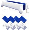 MASHAN 8Pack Disposable Plastic Tablecloths and Satin Table Runner White and Royal Blue Dot Tablecloth Blue Satin Table Runner for Wedding Birthday Baby Shower Anniversary Christmas New Year Party Supplies