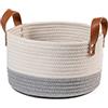 H&H Cesto in Cotone Bianco e Grigio con Manici in Ecopelle Tondo 26x15hcm