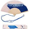 Fisura - Ventaglio Originale con Messaggio "A la sombrita". Accessorio Pieghevole in Legno con Glitter Blu, Ventilatore Manuale Estivo per Spiaggia, Vacanze o Città, Laccetto Incluso 42,5 x 23 cm