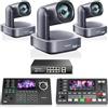 Tenveo Kit Telecamera PTZ e Controller - 3 Telecamere PTZ NDI 4K con Auto-Tracking AI 12X, HDMI/USB3.0/LAN(PoE) e Controller Joystick NDI con Screen da 5 Pollici + Mixer Video + Switch PoE