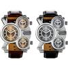 JewelryWe Orologio da Polso da Uomo Quadrante Grande Three-Time Zone Cinturino in Cuoio Orologio Militari Colore Nero/Marrone