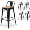 Kosmi - Set di 4 sgabelli da bar in metallo nero opaco in stile industriale con schienale e seduta in legno chiaro - Altezza 66 cm