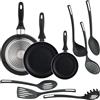 WELL HOME MOBILIARIO & DECORACIÓN Well Home Set di 3 padelle Ø16Ø20Ø24cm in alluminio stampato nero + 6 utensili da cucina in PBT colore nero