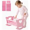 Green series Kinderplay Culla per bambole in legno con biancheria da letto, letto a dondolo per bambole fino a 49,5 cm, giocattolo sostenibile in legno per ragazze dai 3 anni in su, letto per bambole con materasso