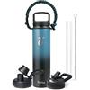 Trebo Borraccia Termica, Borraccia con Cannuccia Borraccia acciaio inox fredda per 48 ore Borraccia Termica Bottiglia in Metallo con Manico in Paracord, 709 ml, Indigo/Nero