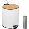 Relaxdays Pattumiera Bagno a Pedale 5 L, Cestino Interno Estraibile, Silenzioso, con Sacchetti, Ferro e bambù, Bianco