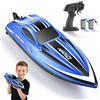 ExKeen Lancha RC de 35 km/h - Control remoto de 2,4 GHz con alcance de 200 m - Lancha impermeable con LED y función de giro - 2 baterías y refrigeración por agua para piscina, lago, adultos y niños, Azul