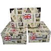 2.J. Londra,set di 3 scatole di cartone stampato Decor UK, Inghilterra, Londra con angoli in metallo e maniglie. Dimensioni: L 42x30x16 cm - M 40x20,5x15 cm - S 38x26,5x14 cm