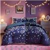 Loussiesd Copripiumino per ragazze e bambini, a motivo fluorescente galassia, set di biancheria da letto per letto singolo, colore viola, super morbido, spazio, stelle, luna