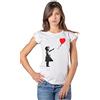 street style Bambina con Palloncino di Banksy 3500 Moda Urban Slub Lady Donna 100% Cotone Fiammato (White, XS IT Donna 39,5 EU, x_s)