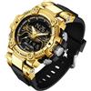 findtime Orologio digitale da uomo, analogico, per uomini, con doppio display, nero, resistente agli urti, con cronometro, illuminazione a LED, sveglia, visualizzazione della data, oro nero.