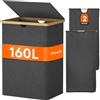 Lifewit 160L Cesto Portabiancheria in Bambù, Grande Portabiancheria Sporca con Coperchio, Cesta Biancheria Pieghevole con Sacchi Rimovibili per Camera, Bagno, Lavanderia, Grigio Scuro