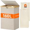Lifewit 160 L Cesto Portabiancheria in Bambù, Grande Portabiancheria Sporca con Coperchio, Cesta Biancheria Pieghevole con Sacchi Rimovibili per Camera, Bagno, Lavanderia, Beige