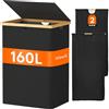 Lifewit 160 L Cesto Portabiancheria in Bambù, Grande Portabiancheria Sporca con Coperchio, Cesta Biancheria Pieghevole con Sacchi Rimovibili per Camera, Bagno, Lavanderia, Nero