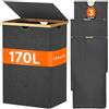 Lifewit 170 L Cesto Portabiancheria in Bambù, Grande Portabiancheria Sporca con Coperchio, Cesta Biancheria Pieghevole con Sacchi Rimovibili per Camera, Bagno, Lavanderia, Grigio Scuro