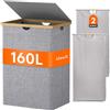 Lifewit 160 L Cesto Portabiancheria in Bambù, Grande Portabiancheria Sporca con Coperchio, Cesta Biancheria Pieghevole con Sacchi Rimovibili per Camera, Bagno, Lavanderia, Grigio