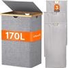 Lifewit 170 L Cesto Portabiancheria in Bambù, Grande Portabiancheria Sporca con Coperchio, Cesta Biancheria Pieghevole con Sacchi Rimovibili per Camera, Bagno, Lavanderia, Grigio