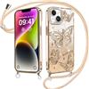 Kueqeay Custodia per iPhone 14/iPhone 13 6,1 con Cordino, Trasparente Glitter Case Aesthetic Motivo 3D Farfalla Disegni Diamante Brillare Silicone Cover con Collana Fotocamera Protezione,Oro